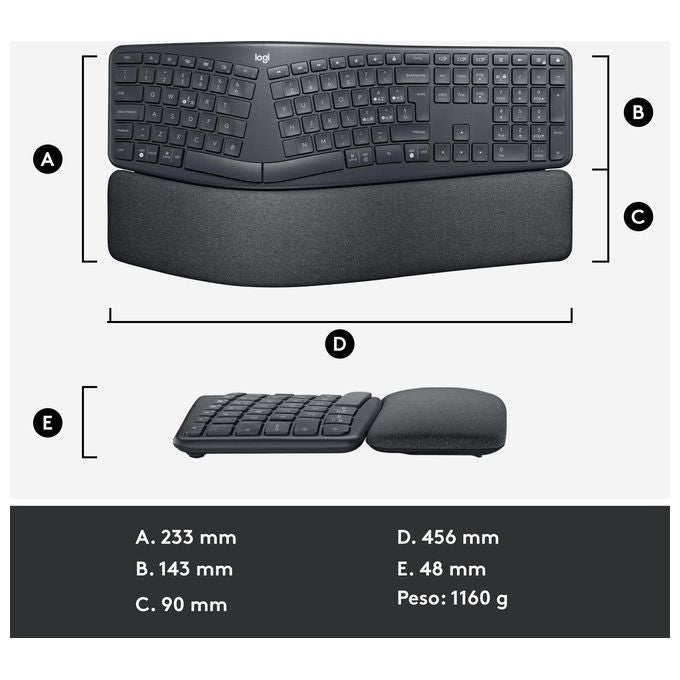 Logitech 920-010349 ERGO K860 Tastiera Split Ergonomica Wireless Bluetooth Layout Italiano QWERTY con Supporto Polso Regolabile colore Grafite