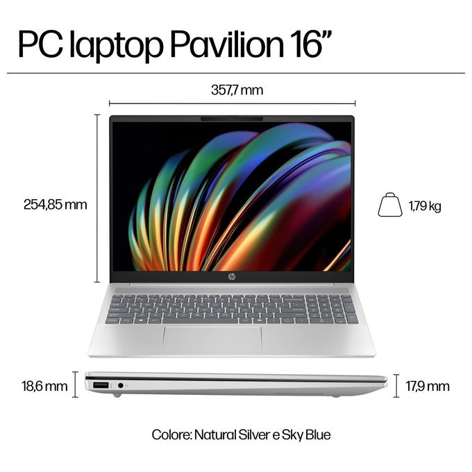 HP PAVILION 16-af0012nl Notebook Intel Core Ultra 5 125U 16 Pollici 16 GB RAM 512 GB SSD colore Argento