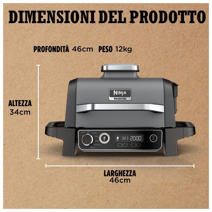 Ninja OG701EU Woodfire Barbecue Elettrico Affumicatore e Friggitrice ad Aria 7 in 1 2400 W colore Grigio Nero
