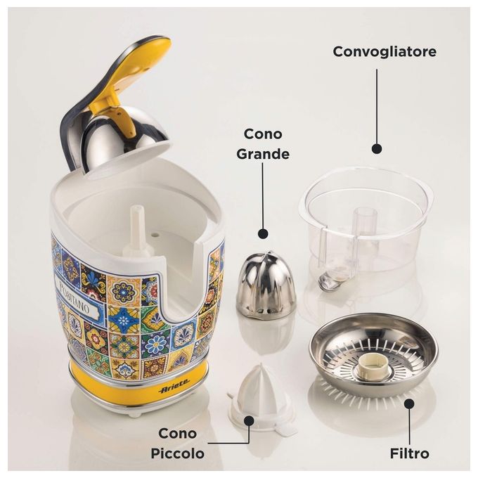 Ariete 0413-0P Positano Spremiagrumi Elettrico con Leva 2 Coni Acciaio Inox 85W 0.6L Beccuccio Salvagoccia colore Giallo