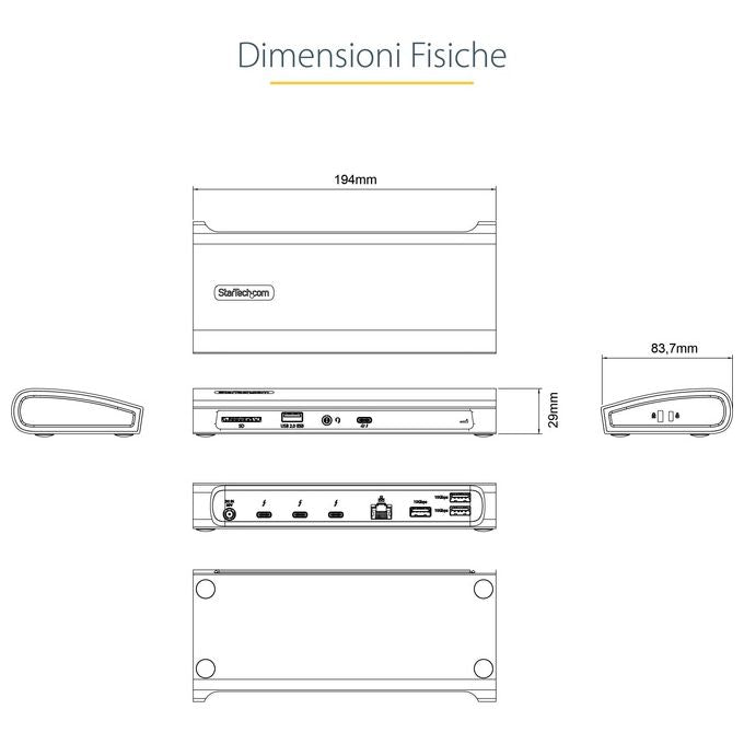 StarTech.com TB4CDOCKUE Docking Station Thunderbolt 4 Power Delivery 96W Dual Monitor 4K 60Hz Single Monitor 8K 3x Thunderbolt 4 4x USB-A SD GbE colore Nero Grigio