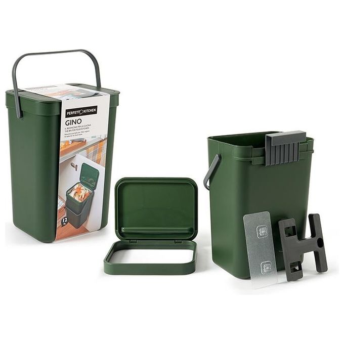 Perfetto 29125 Pattumiera per Rifiuti Organici Gino 5 L Rettangolare con Coperchio e Gancio Riposizionabile colore Nero Verde