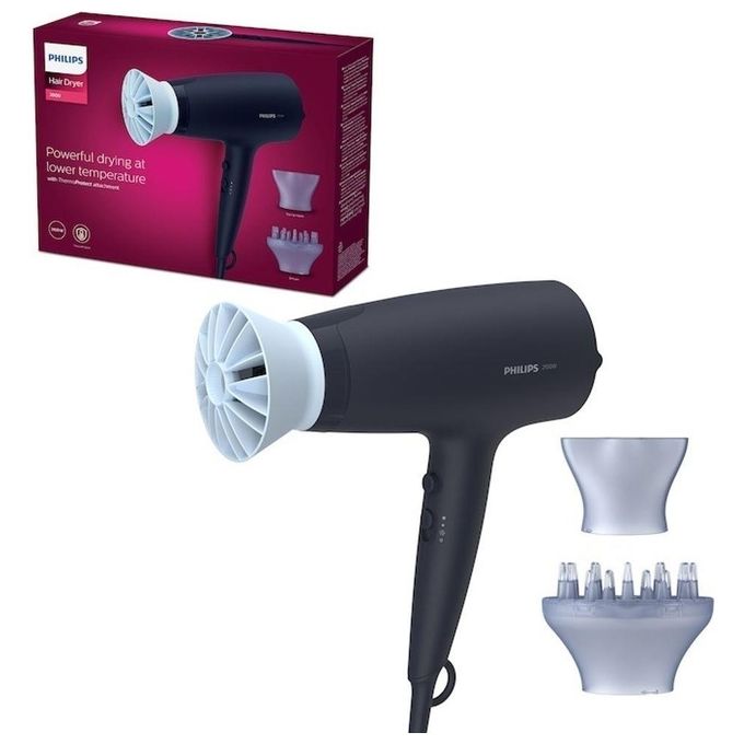 Philips BHD360-20 Serie 3000 Asciugacapelli 2100 W ThermoProtect Ionic 6 impostazioni con concentratore e diffusore colore Blu Marino