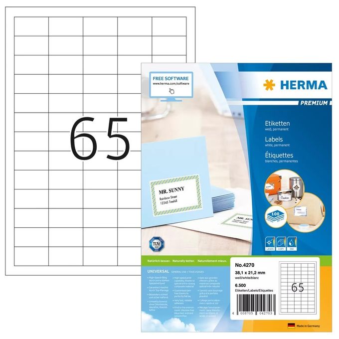 Herma Premium Etichette 38,1x21,2mm 100 Fogli DIN A4 6500 Pezzi