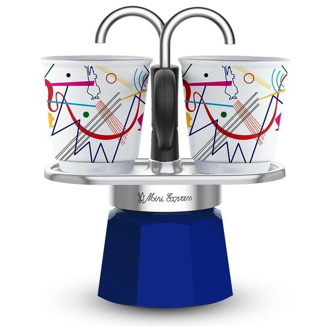 Bialetti 1407 Mini Express Moka 2 Tazze con Bicchierini in Porcellana stile Kandinsky colore Blu