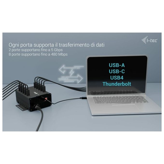 I-tec CACHRGHUB10CIT Hub USB-C USB-A Metal 10 porte USB-C 15W per porta alimentatore 180W colore Nero