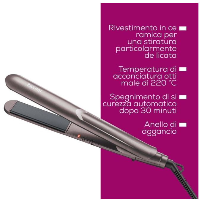 Beurer HS 15 Basic Line - Piastra per capelli classica, piastre ceramica, temperatura regolabile 120-220 °C, riscaldamento rapido, spegnimento automatico, display LED, cavo girevole, Nero