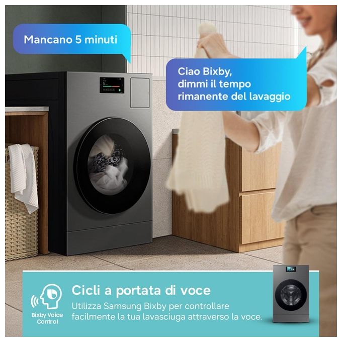 Samsung WD18DB8995BZT2 Bespoke AI Lavasciuga Frontale 18-11 Kg 1000 rpm Classe A Pompa di Calore WiFi (111x68.6x87.5 cm) colore Nero