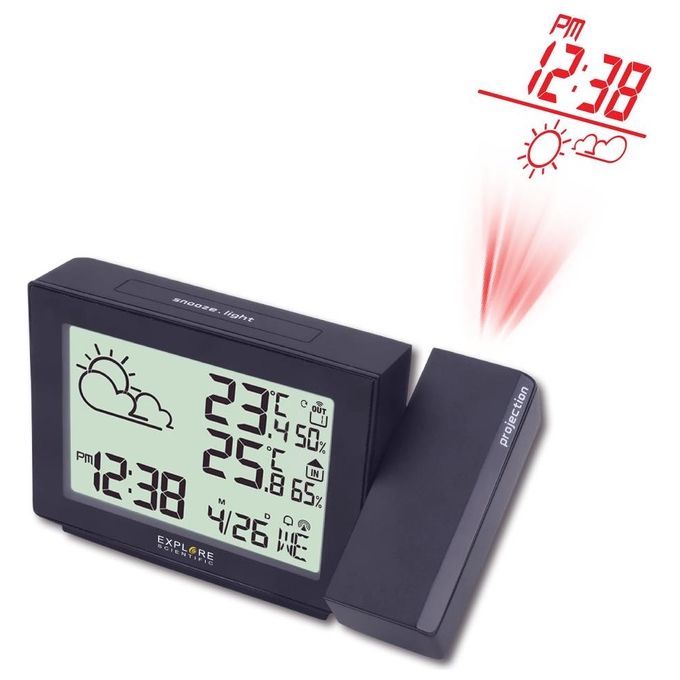 Explore Scientific RPW3005 Sveglia digitale con proiezione ruotabile 180° retroilluminazione a LED 2 sveglie temperatura interna ed esterna sensore incluso alimentazione con batterie AAA o adattatore di tipo C colore Nero