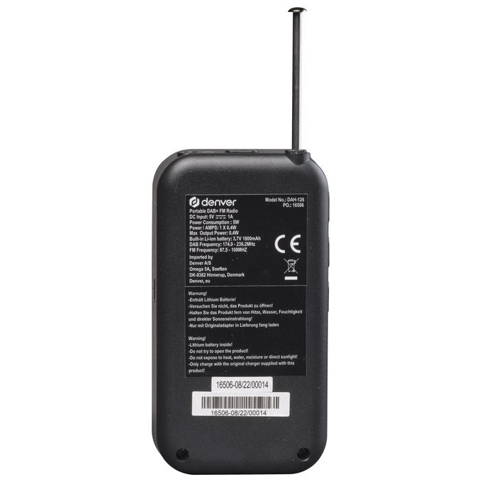 Denver DAH-126 Radio Portatile DAB+ FM Digitale Batteria 1800 mAh 8h Display LCD 1.8'' 2 Sveglie colore Nero
