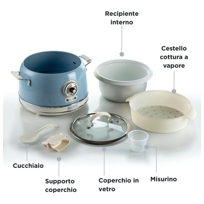 Ariete 2904 Vintage Cuociriso Elettrico e Slow Cooker 3,5 L 700W 5 funzioni ciotola in ceramica colore Celeste