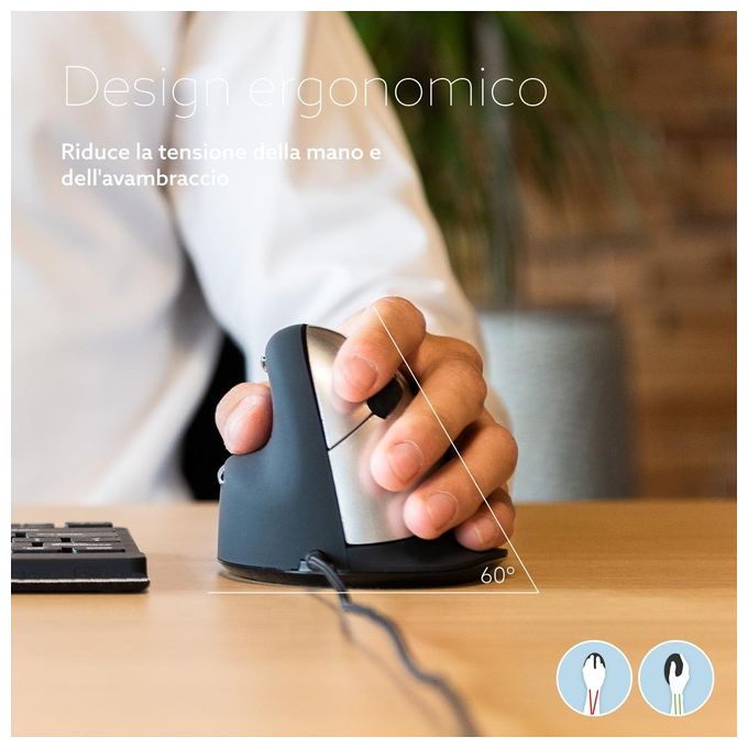 R Go Tools RGOHELE Mouse Verticale Ergonomico per Mancini con Cavo Risoluzione Regolabile fino a 2400 dpi 5 Pulsanti Programmabili USB Type-A colore Nero con Argento