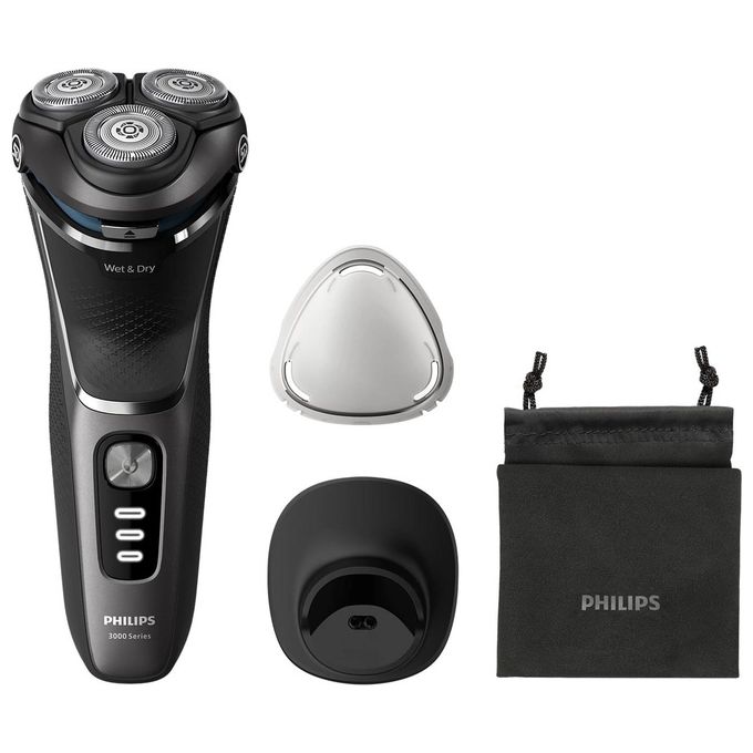 Philips S3343-13 Shaver Serie 3000 Rasoio elettrico rotativo Wet Dry 3 testine autonomia 60 min colore Nero Cromo