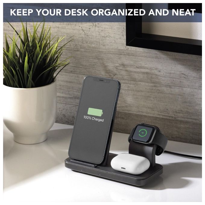 Cellularline WIRELESS3IN1IPHK Trio Wireless Charger Supporto di Ricarica Wireless 3in1 per iPhone Apple Watch AirPods 7.5W colore Nero