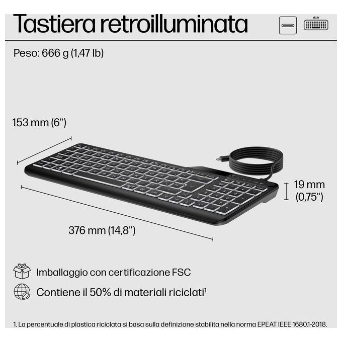 HP 7N7C1AA 405 Tastiera cablata retroilluminata USB-C Full-size multidispositivo tasti a membrana basso profilo colore Nero