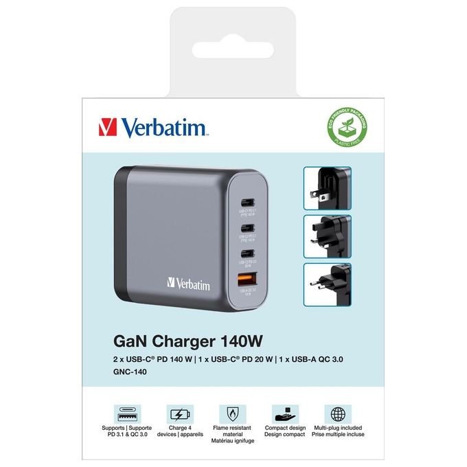 Verbatim 32203 GNC-140 Caricatore Universale Interno 140 W con 3 Porte USB-C GaN Tecnologia Ricarica Rapida PD 3.1 PPS Quick Charge 3.0 colore Nero Grigio