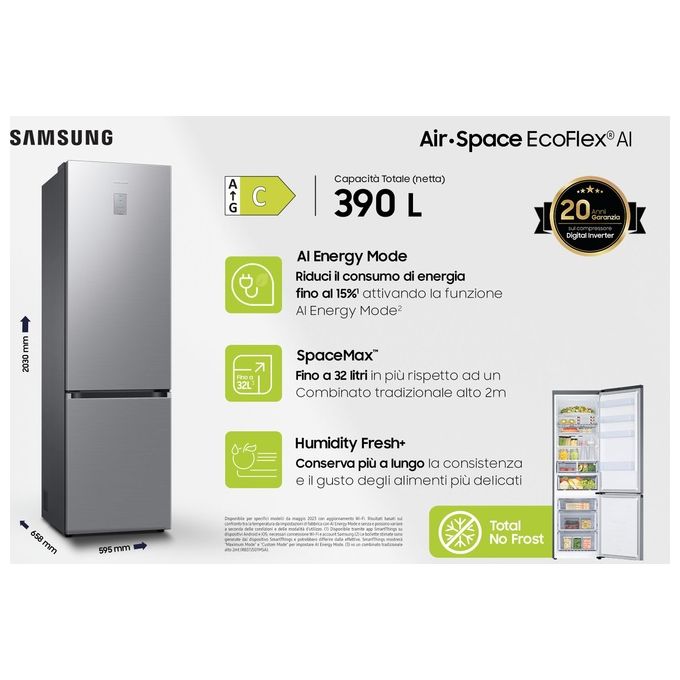 Samsung RB38C676CS9 EcoFlex AI Frigorifero Combinato 390 L 203 cm Classe C 35 dB No Frost WiFi colore Metal Inox
