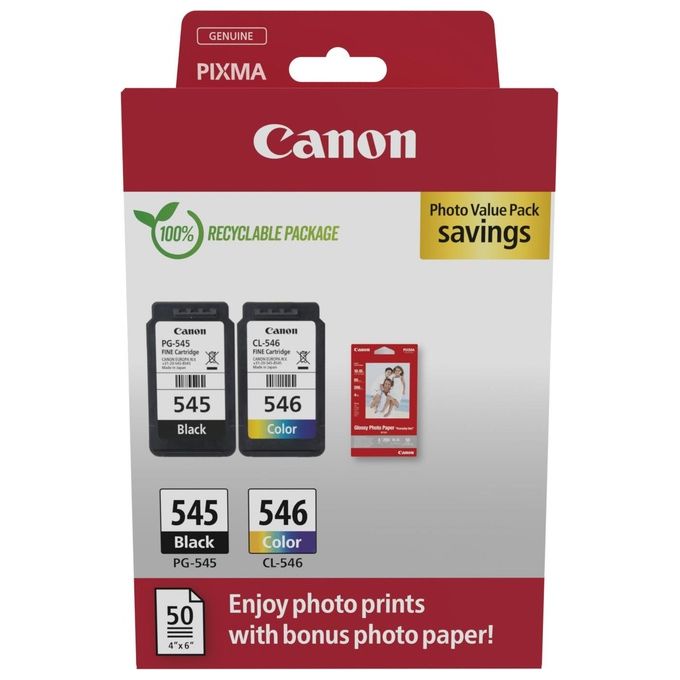 Canon 8287B008 Cartuccia Inkjet Originale PG-545 Nero + CL-546 Colore con Fogli Carta Fotografica colore Nero + Colore