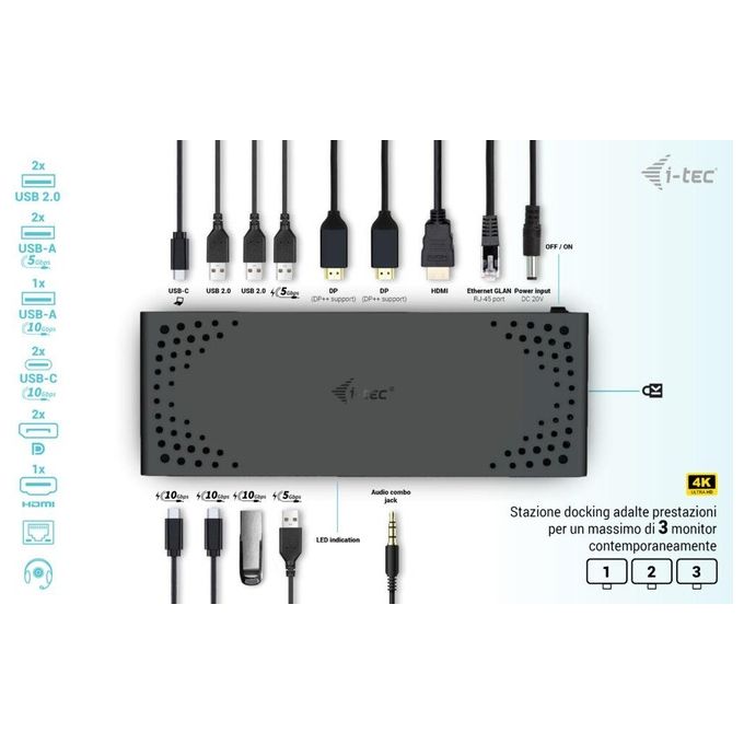 I-TEC C31TRIPLE4KDOCKPDIT Docking Station USB-C Triplo Display 4K 100W PD con USB 3.2 Gen 2 HDMI DisplayPort Ethernet colore Nero
