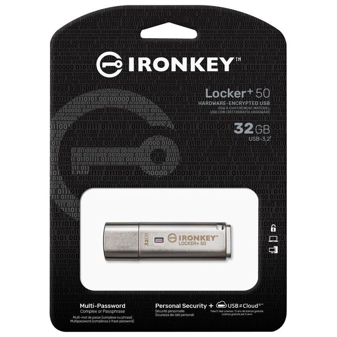 Kingston IKLP50-32GB IronKey Locker+ 50 Chiavetta USB 32GB USB 3.2 Gen 1 Tipo A Crittografia AES 256bit FIPS 197 colore Argento