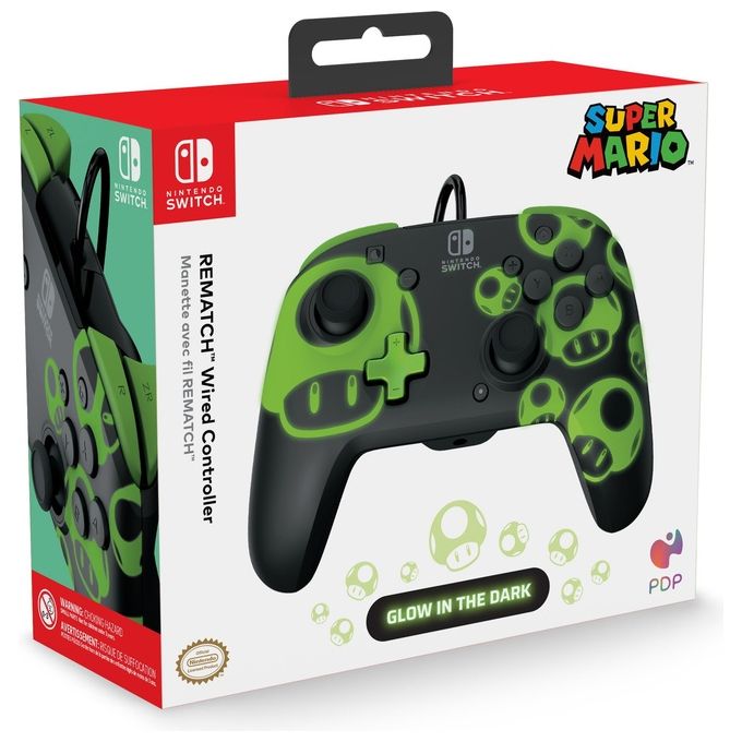 PDP 500-134-GID REMATCH: 1-Up Glow in the Dark Gamepad Cablato USB con Pulsanti Programmabili e Design Interchangeable colore Nero Verde