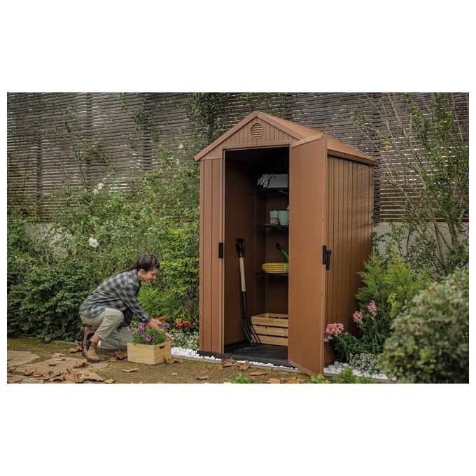 Keter 257008 Darwin 4x4 Casetta da Giardino in Resina EVOTECH+ pavimento incluso tetto a due spioventi 123,8x117x205 cm colore Marrone