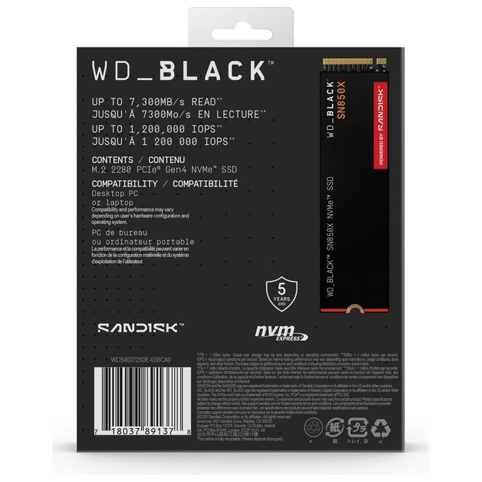 Western Digital Black SN850X SSD NVMe M.2 PCIe 4.0 4TB per PC - Velocita' 7300 MB-s