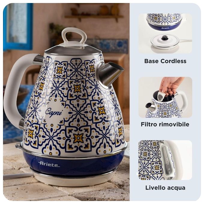 Ariete 2869 Capri Bollitore Elettrico 1.7 L 2200 W Base Cordless 360° Autospegnimento Filtro Anticalcare colore Bianco Azzurro
