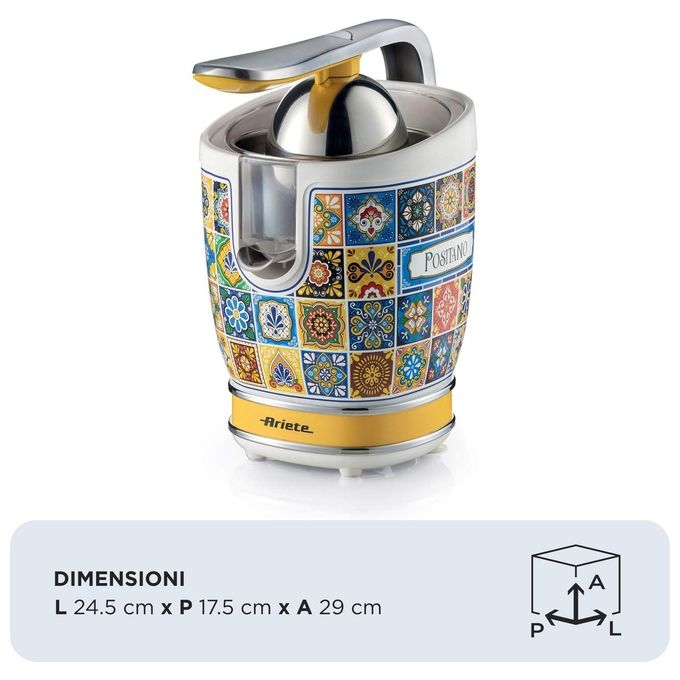 Ariete 0413-0P Positano Spremiagrumi Elettrico con Leva 2 Coni Acciaio Inox 85W 0.6L Beccuccio Salvagoccia colore Giallo