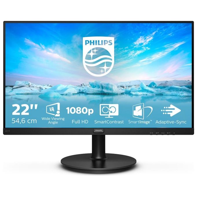 Philips Monitor 221V8A da 22'', Adaptive Sync 75 Hz, VA, Full HD, 4 ms, HDMI, VGA, Casse Audio Integrate, Attacco VESA, Nero