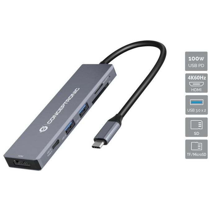 Conceptronic DONN23G Docking Station 6 in 1 USB 3.2 Gen 1 USB 3.0 x 2 100 W USB PD HDMI 4K 60Hz SD TF MicroSD colore Grigio