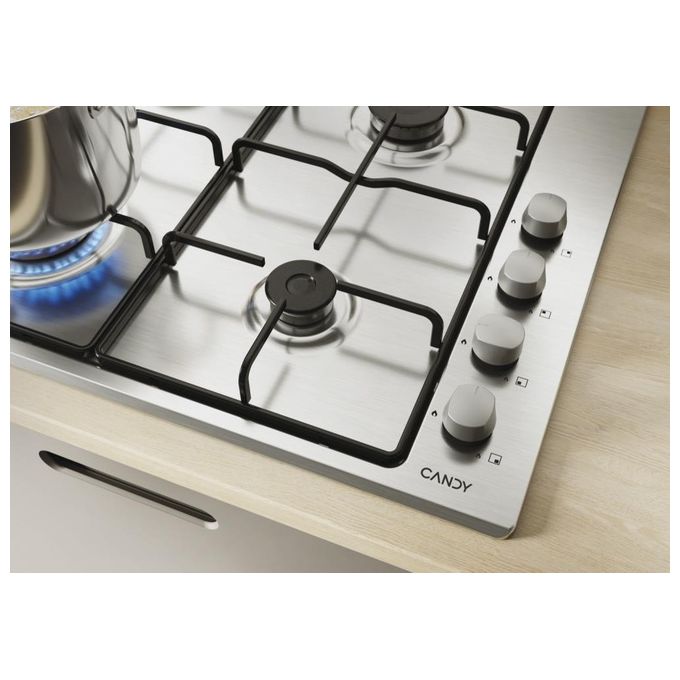 Candy CHW6LX Idea Piano cottura gas 60 cm 4 fuochi accensione automatica griglie smaltate colore Inox