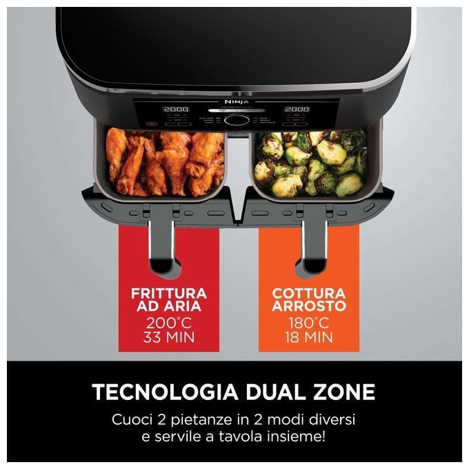 Ninja AF400EU Friggitrice ad aria Dual Zone 9.5 L 2470 W 6 funzioni 2 cestelli digitale colore Nero