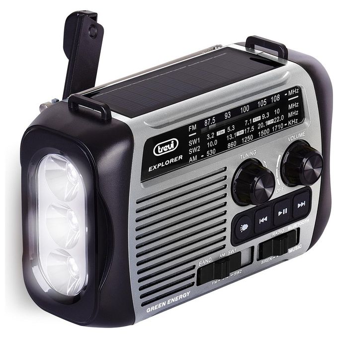 Trevi RA 7F30 BT Radio Portatile Multibanda FM AM SW Bluetooth MP3 USB MicroSD Powerbank Torcia LED Ricarica Solare Dinamo colore Grigio