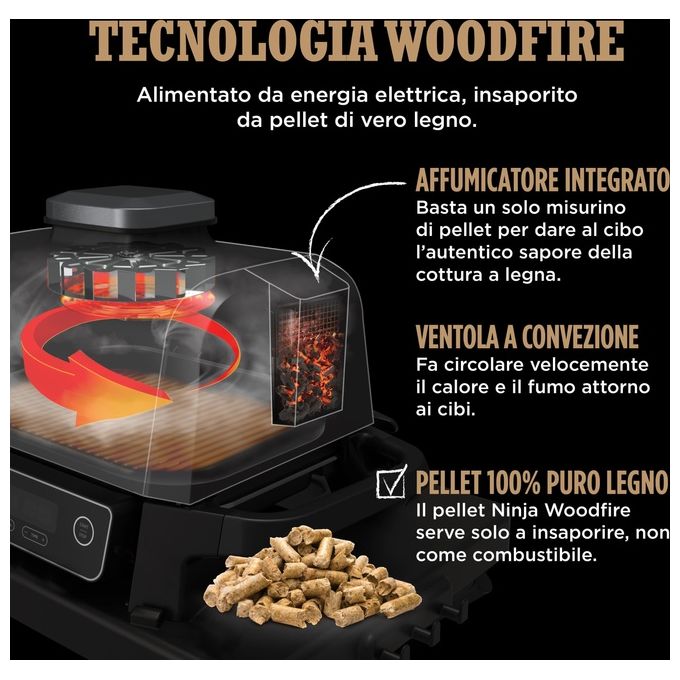 Ninja OG701EU Woodfire Barbecue Elettrico Affumicatore e Friggitrice ad Aria 7 in 1 2400 W colore Grigio Nero