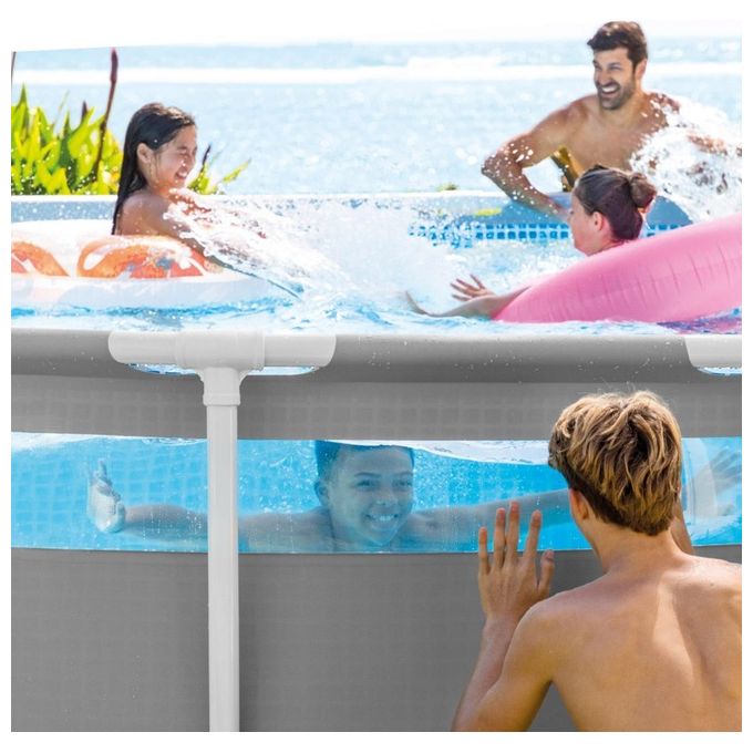 Intex 26722NP Prisma Frame Clearview Premium Piscina Fuori Terra Rotonda 427x107 cm con Finestra Panoramica e Pompa Filtro a Cartuccia colore Grigio Chiaro