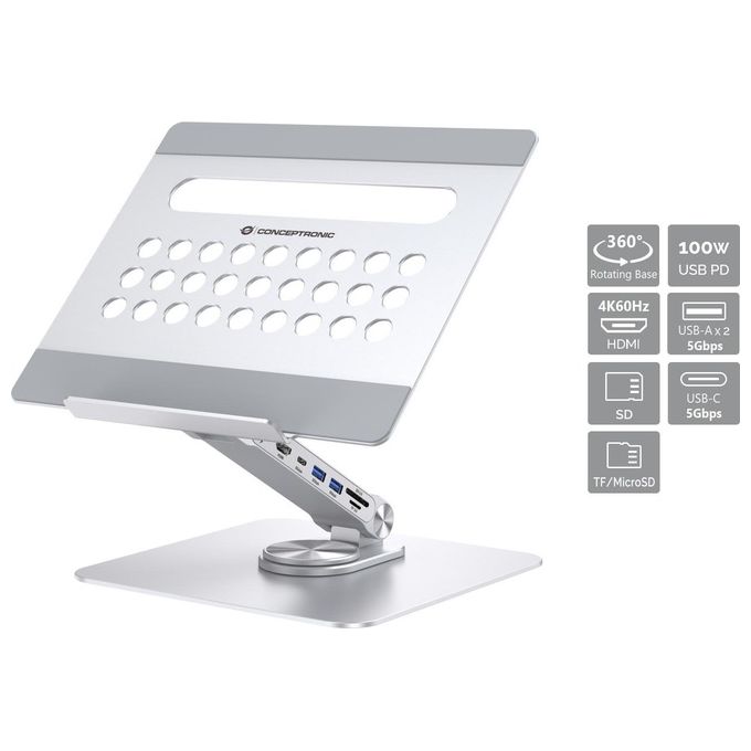 Conceptronic DONN27G Supporto per Laptop con Docking Station 7in1 Hub USB 3.2 HDMI Lettore Schede 100W colore Argento