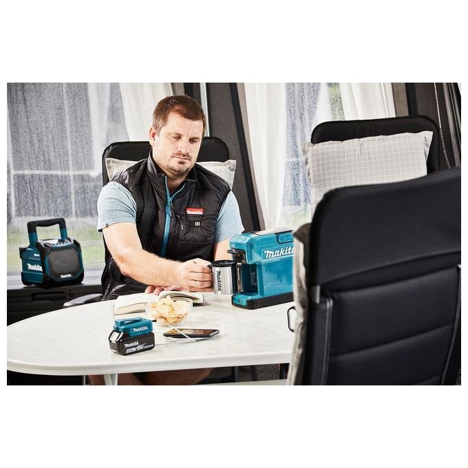 Makita DCM501Z Macchina da caffe' americano portatile con batteria 10,8-18V Li-ion serbatoio 240 ml compatibile cialde e caffe' macinato colore Nero Blu