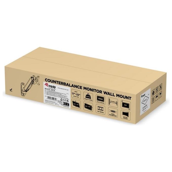EQUIP 650136 Supporto da Parete per Monitor Singolo 17''-32'' con Molla a Gas Rotazione 360° Inclinazione Regolabile fino a 9 Kg colore Nero
