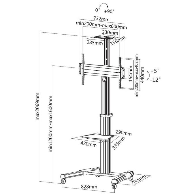 Equip 650602 Carrello LFD a rotazione a 90° con display singolo da 37-70'' Inclinazione -12 - 5° Altezza regolabile Rotelle bloccabili Gestione cavi colore Nero