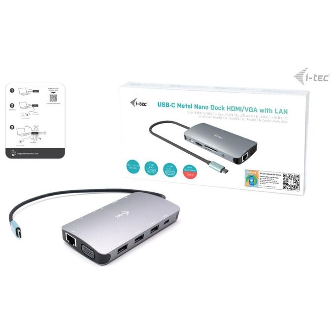 I-tec C31NANODOCKVGAPD Metal Nano Docking Station USB-C HDMI VGA LAN Gigabit Power Delivery 100W colore Argento