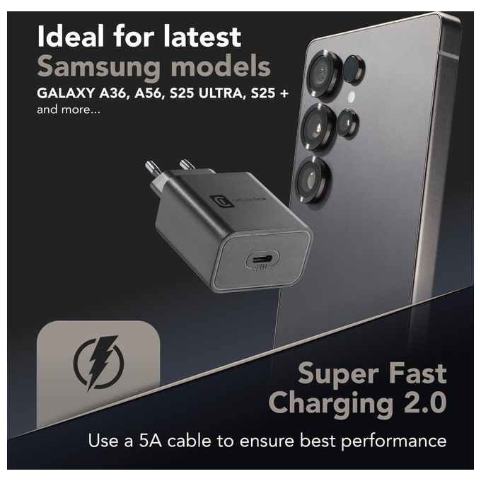 Cellularline ACHSMUSBC45WK Super Fast Charger Caricabatterie USB-C 45W Power Delivery Super Fast Charging 2.0 Samsung colore Nero