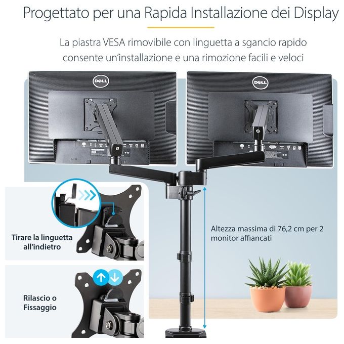 StarTech ARMDUALPIVOT Supporto Doppio Monitor da Scrivania per 2 Schermi VESA fino a 32'' 8Kg Regolabile Altezza e Orientamento colore Nero