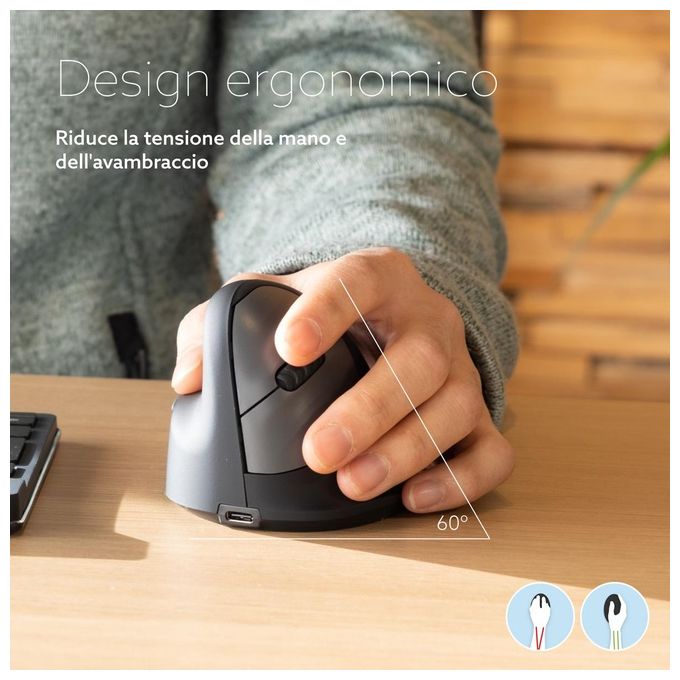 R-Go Tools RGOHEWLL Mouse Ergonomico Verticale con Software Pausa 5 Pulsanti 2400 DPI Bluetooth 5.0 colore Nero