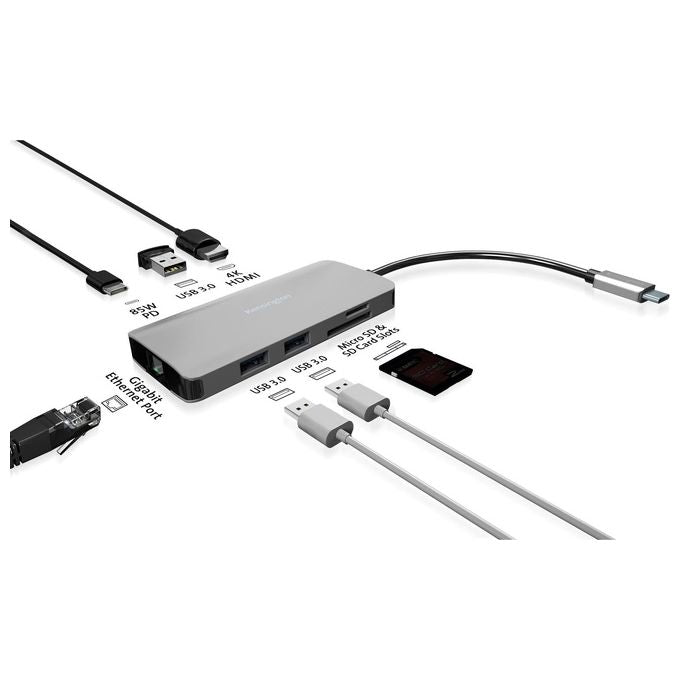 Kensington K33820WW UH1400P Hub USB-C 8 in 1 Portatile 4K 60Hz Power Delivery 85W Ethernet SD microSD colore Nero