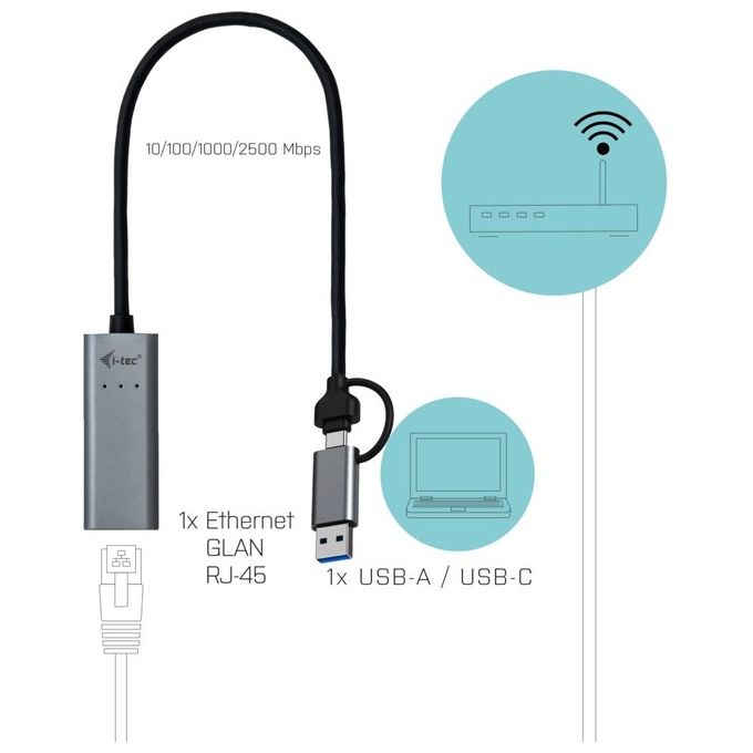 I-tec C31METAL25LAN Metal USB-C-USB-A 2.5Gbps Ethernet Adapter Velocita' fino a 2500 Mbit-s Compatibile con Thunderbolt 3-4 colore Grigio
