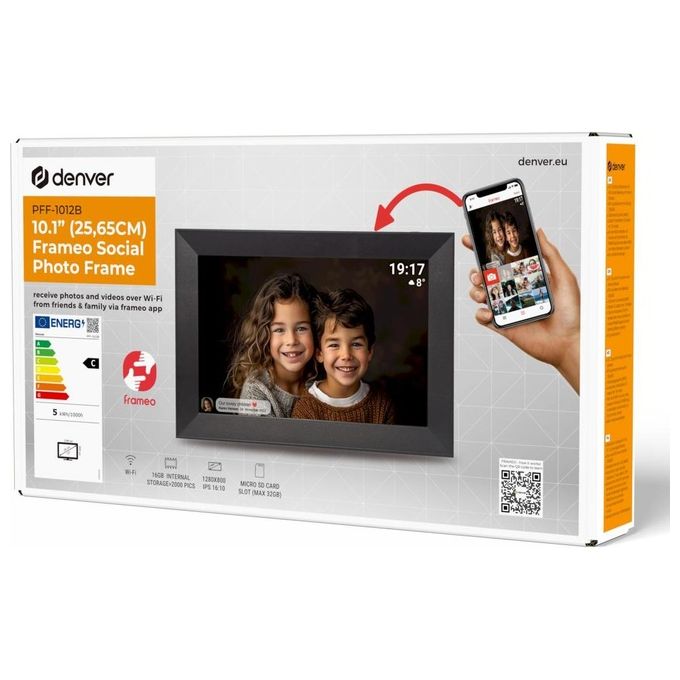 Denver 119101040470 PFF-1012B Cornice Digitale Wi-Fi 10,1'' HD IPS 16 GB Memoria Interna con Touchscreen e App Frameo colore Nero
