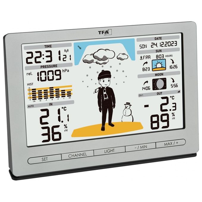 TFA-Dostmann 35.1097.54 Meteo Jack Stazione Meteo Wireless Display Colori Previsioni 12-24h Temperatura Umidita' Pressione Fasi Lunari colore Argento
