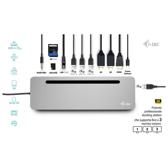 I-tec C31FLAT2PDPRO USB-C Metal Ergonomico 3x 4K Display Docking Station Power Delivery 100 W 4 porte USB 3.2 Gigabit Ethernet colore Argento