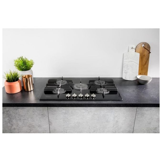 Hotpoint Ariston FTGHG 751 D-HA(BK) Piano Cottura a Gas in Vetro Temperato 5 Fuochi Griglie in Ghisa 75 cm Nero